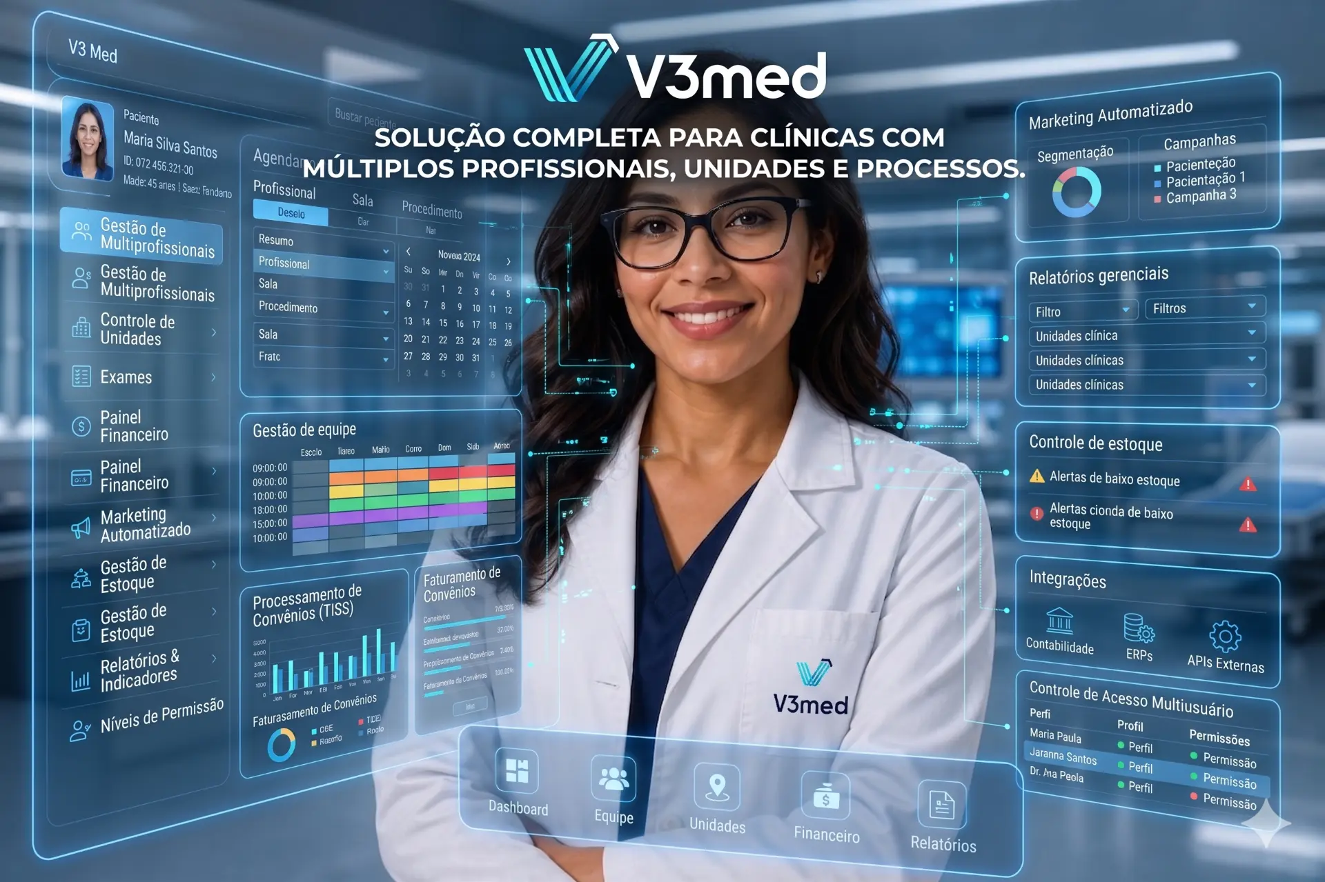 Painéis da plataforma V3med com agenda, equipe, relatórios e controle de acesso